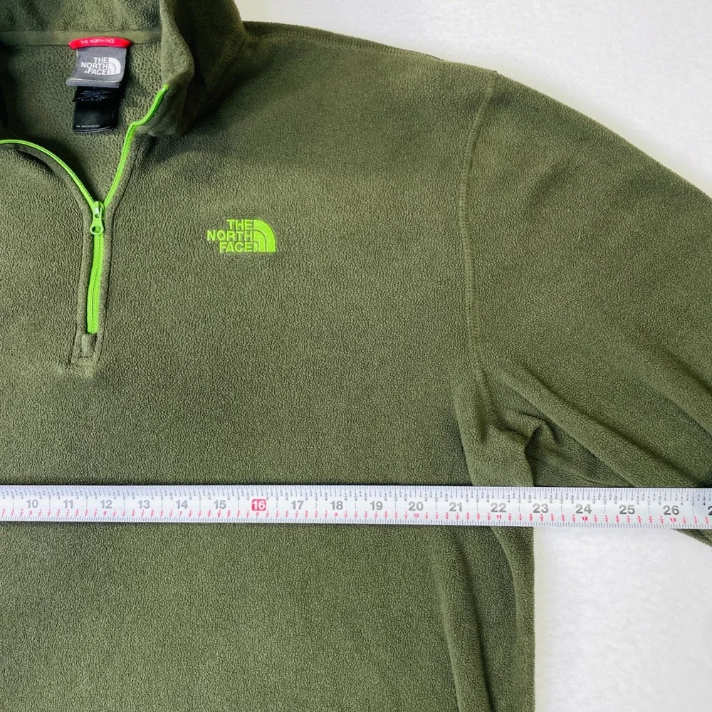 The North Face Mens L TKA 100 1/4 Zip Fleece Pullover Olive Green Neon Lime Logo